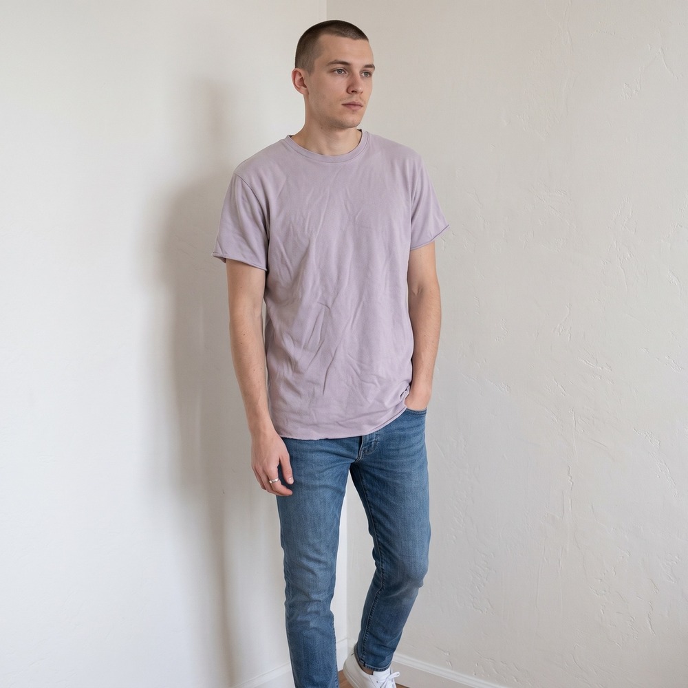 John Elliott Mens Tee 1 Small Lavender Raw Hem Crew Neck Short Sleeve Minimalist